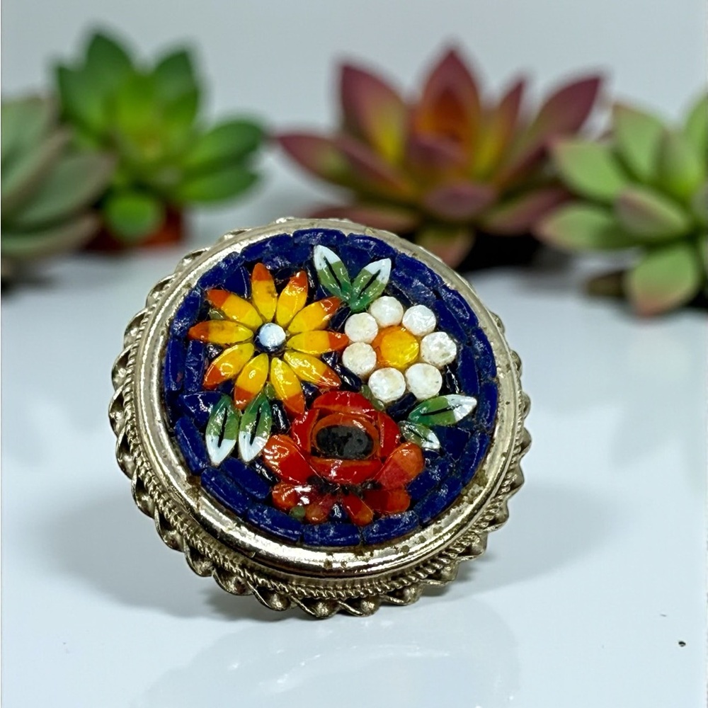 Vintage Italian Micro Mosaic Floral Brooch – Silver Tone Frame, Mid-Century